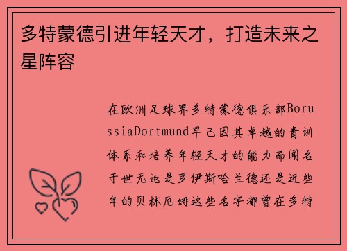 多特蒙德引进年轻天才，打造未来之星阵容
