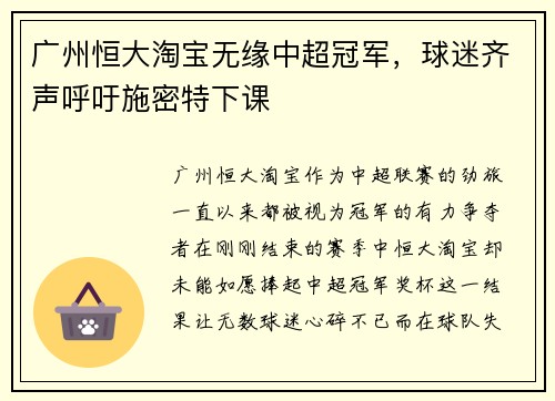 广州恒大淘宝无缘中超冠军，球迷齐声呼吁施密特下课