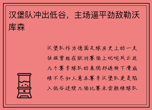 汉堡队冲出低谷，主场逼平劲敌勒沃库森