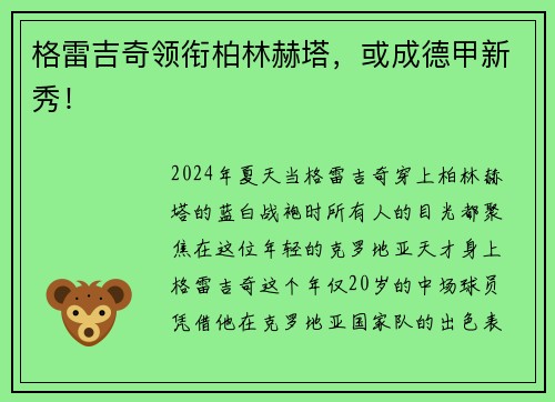 格雷吉奇领衔柏林赫塔，或成德甲新秀！