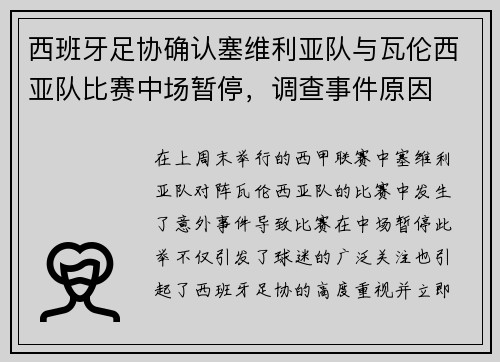 西班牙足协确认塞维利亚队与瓦伦西亚队比赛中场暂停，调查事件原因