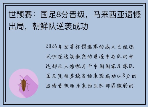 世预赛：国足8分晋级，马来西亚遗憾出局，朝鲜队逆袭成功